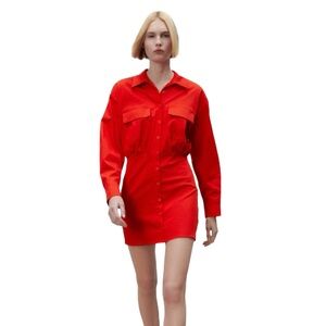 ZARA coral red poplin button down Shirt Dress